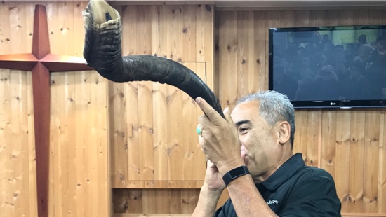 A person holding an elephant horn
