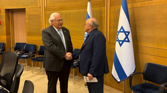 Two men shaking hands in front of flags