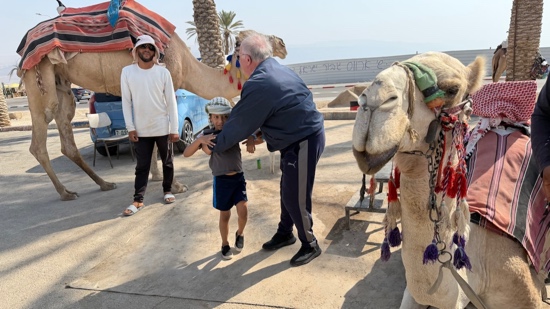 A person standing next to a camel