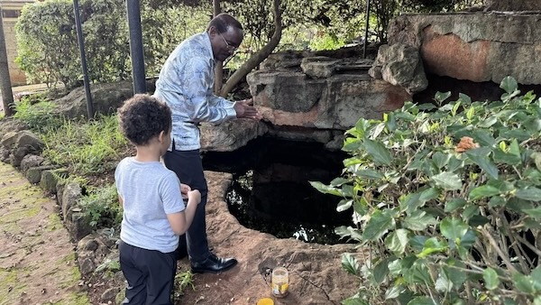 A person and child standing next to a pond