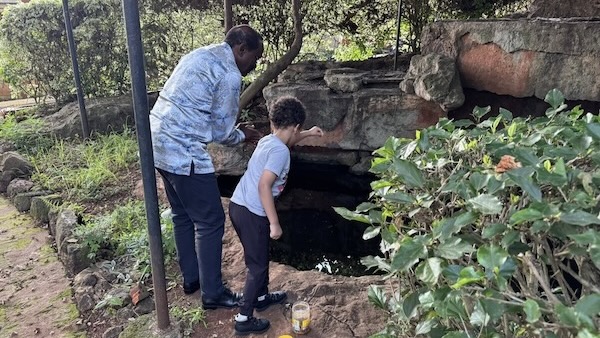 A person and child looking at a pond