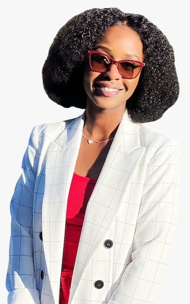 A person wearing sunglasses and a white jacket