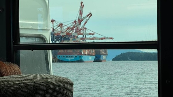 Looking out the window of the bus on the ferry